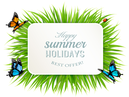 Summer holday background with green grass and butterflies vector 05