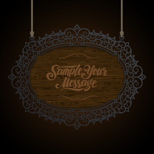 Vintage wooden signboard with Iron floral frame vector 03