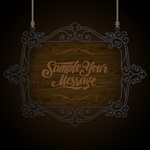 Vintage wooden signboard with Iron floral frame vector 04