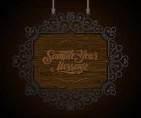 Vintage wooden signboard with Iron floral frame vector 05