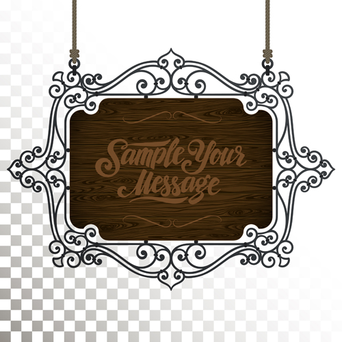 Vintage wooden signboard with Iron floral frame vector 06