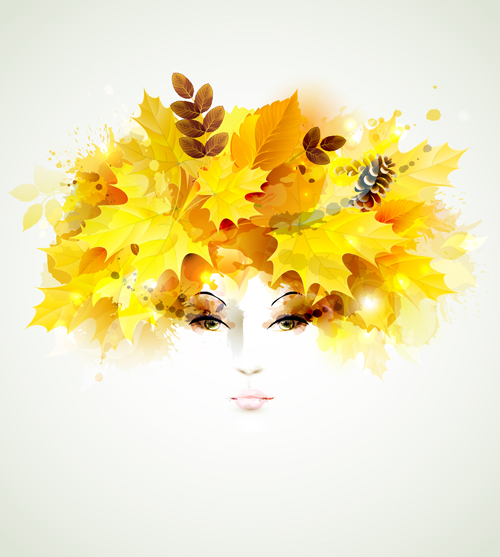 Women face with autumn leaves vector 02