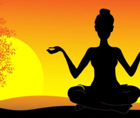 Yoga pose silhouetter with sunset background set 01