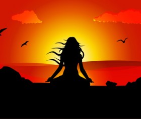 Yoga pose silhouetter with sunset background vector 01