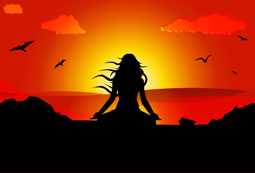 Yoga pose silhouetter with sunset background vector 01