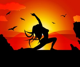 Yoga pose silhouetter with sunset background vector 02