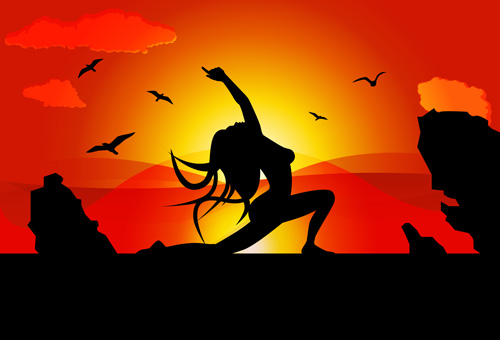 Yoga pose silhouetter with sunset background vector 02