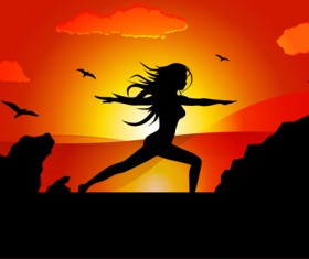 Yoga pose silhouetter with sunset background vector 03