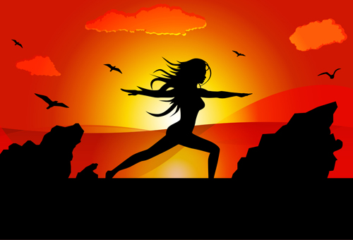 Yoga pose silhouetter with sunset background vector 03