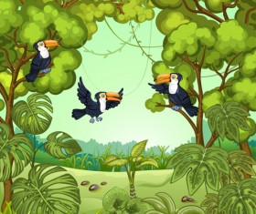 Birds with jungle cartoon vector