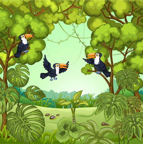 Birds with jungle cartoon vector
