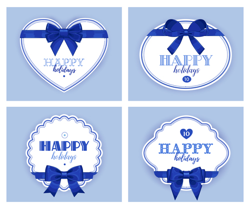 Blue bow with white holiday cards vector 01