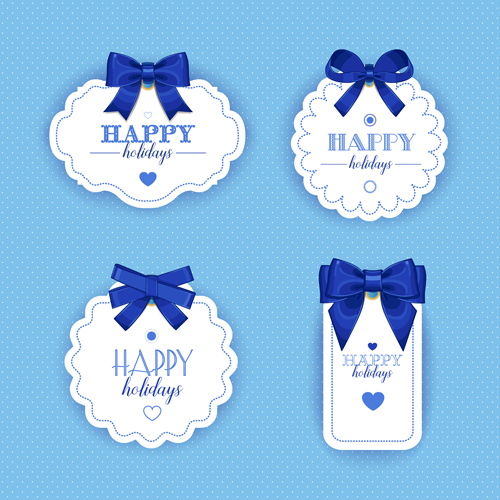 Blue bow with white holiday cards vector 03