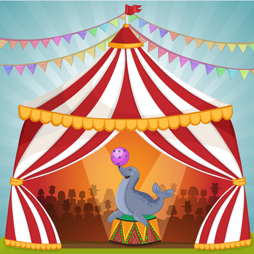 Cartoon circus tent and animals design vector 01