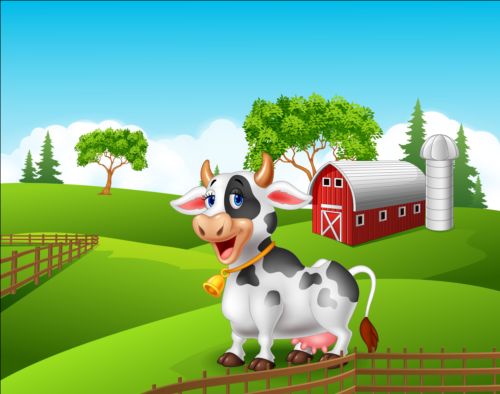 Cartoon cow with farm vectors 02