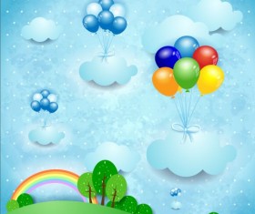 Cartoon landscape with rainbow vector 01