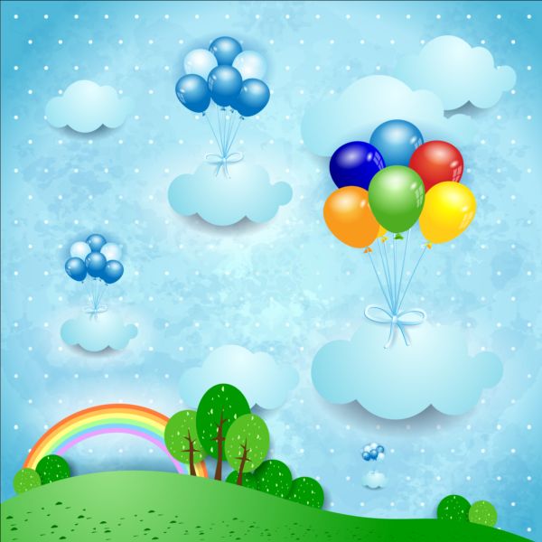 Cartoon landscape with rainbow vector 01
