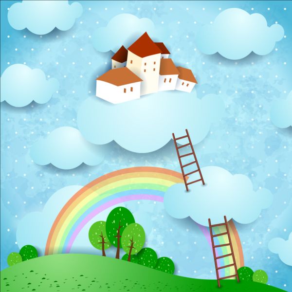 Cartoon landscape with rainbow vector 06