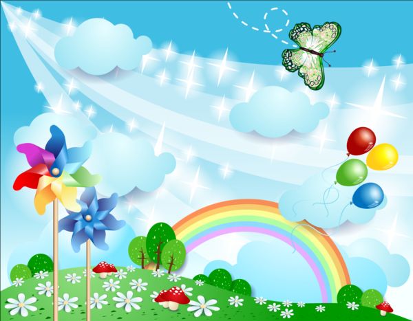 Cartoon landscape with rainbow vector 10
