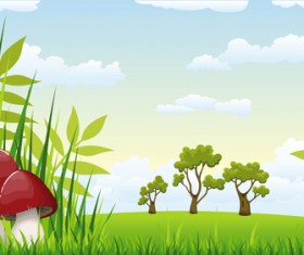 Cartoon mushrooms with nature scenery vector 01