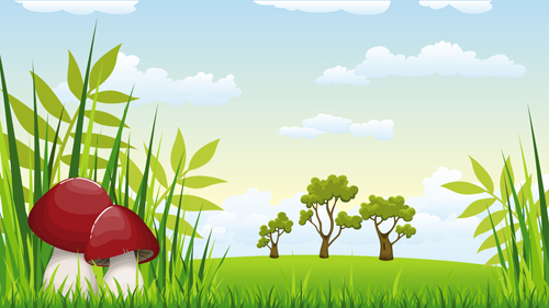 Cartoon mushrooms with nature scenery vector 01