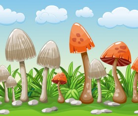 Cartoon mushrooms with nature scenery vector 05