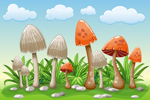 Cartoon mushrooms with nature scenery vector 05