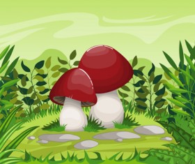 Cartoon mushrooms with nature scenery vector 06