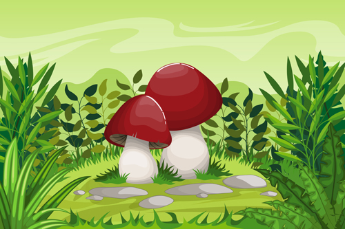 Cartoon mushrooms with nature scenery vector 06