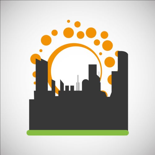 City silhouette with sun background vector 01