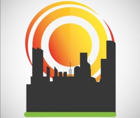 City silhouette with sun background vector 02