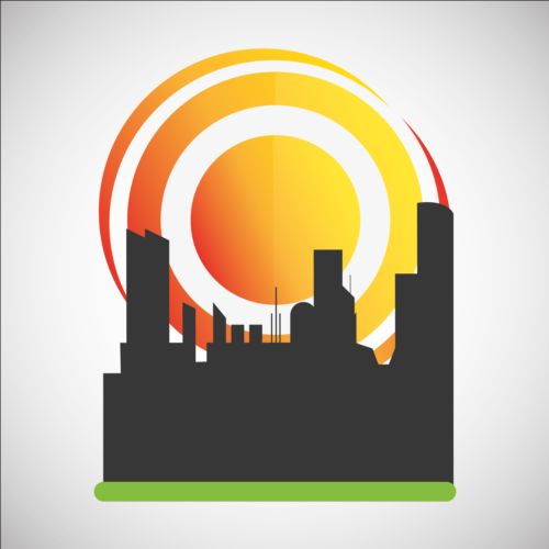 City silhouette with sun background vector 02
