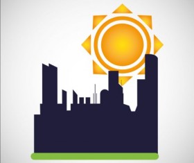 City silhouette with sun background vector 03