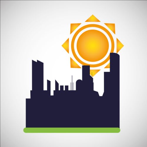 City silhouette with sun background vector 03