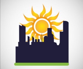 City silhouette with sun background vector 04
