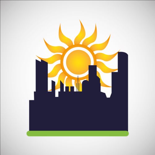 City silhouette with sun background vector 04