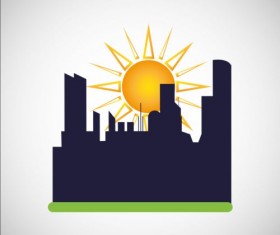 City silhouette with sun background vector 05
