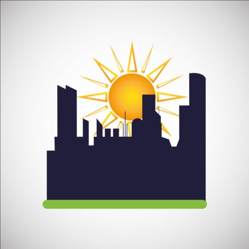 City silhouette with sun background vector 05