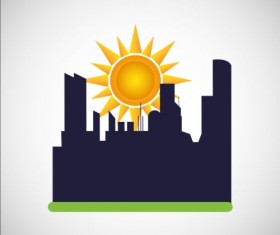 City silhouette with sun background vector 06