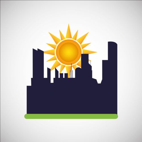 City silhouette with sun background vector 06