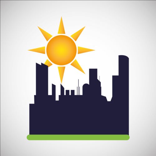City silhouette with sun background vector 07
