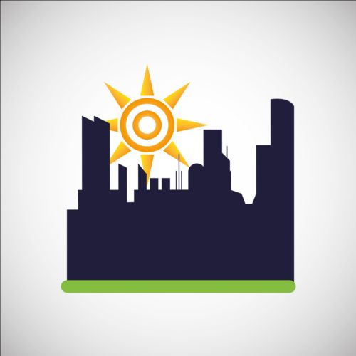 City silhouette with sun background vector 08