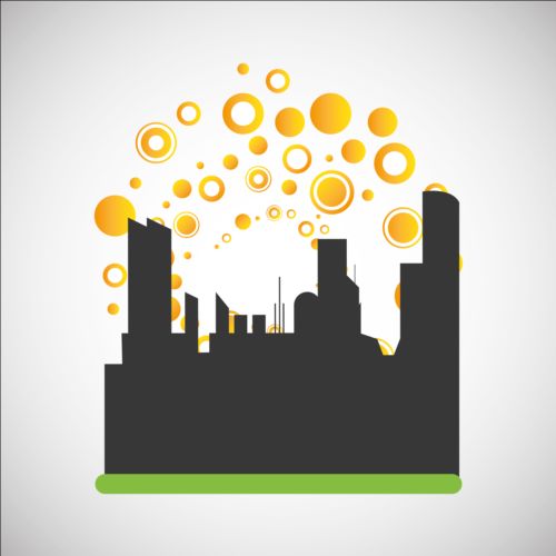 City silhouette with sun background vector 10
