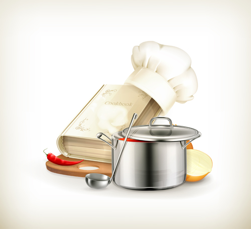 Cooking book with vegetables and pot vector 01