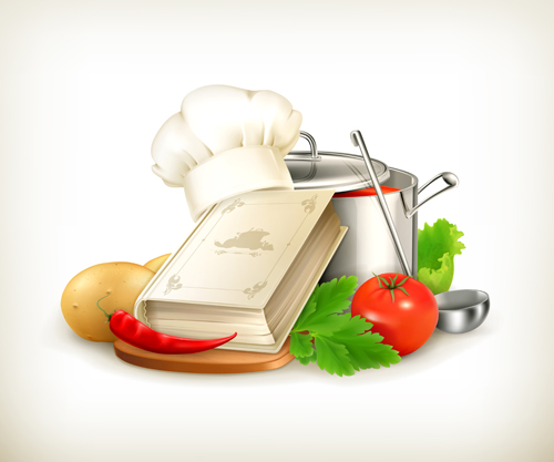 Cooking book with vegetables and pot vector 02