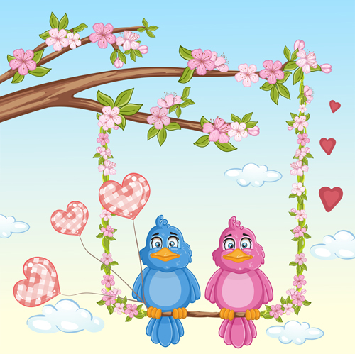 Cute birds with love card vector 01