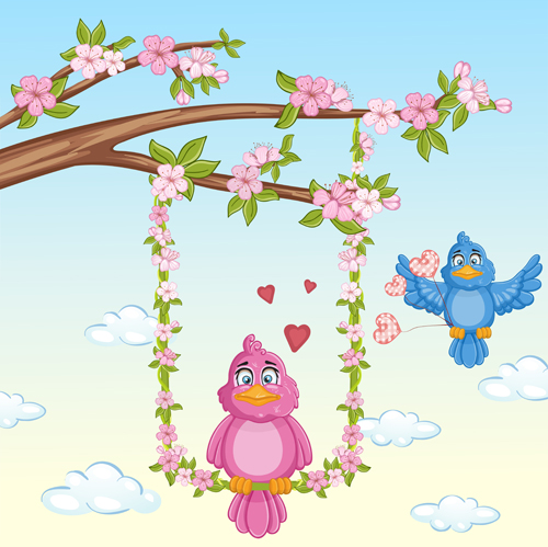 Cute birds with love card vector 02 free download