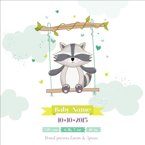 Cute racoon with baby shower card vector 01
