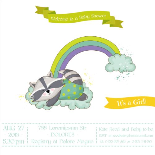 Cute racoon with baby shower card vector 04