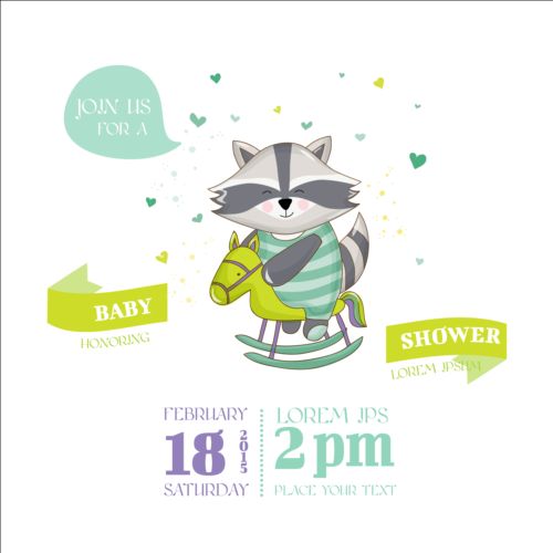 Cute racoon with baby shower card vector 05